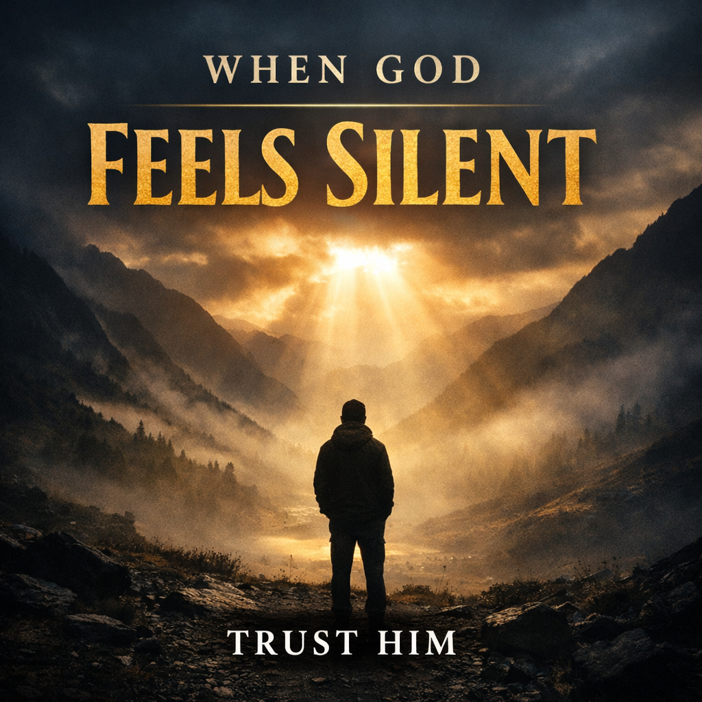 Christian image of a person standing in a dark valley with light breaking through the clouds, representing trusting God when He feels silent