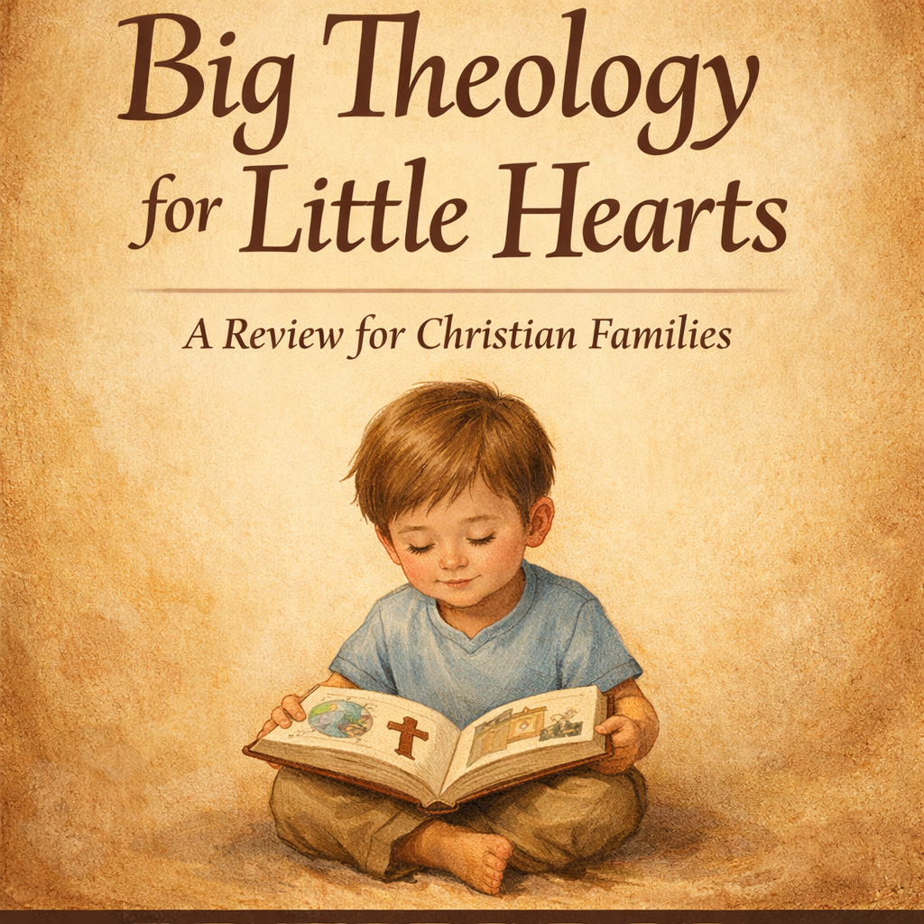 Big Theology for Little Hearts book review graphic with parchment background and a young child reading an illustrated Christian book
