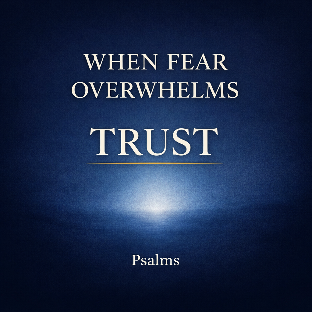 Minimalist deep navy blue background with soft light glow, featuring the words “When Fear Overwhelms” and “Trust” in large serif font with a gold underline and “Psalms” below, conveying biblical hope in fear