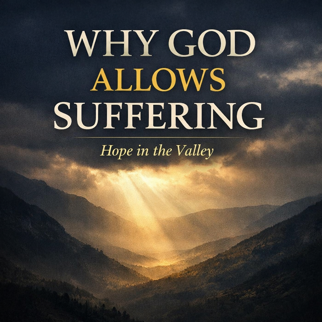 Why God allows suffering Christian article thumbnail with dark valley and light breaking through clouds symbolizing hope in trials