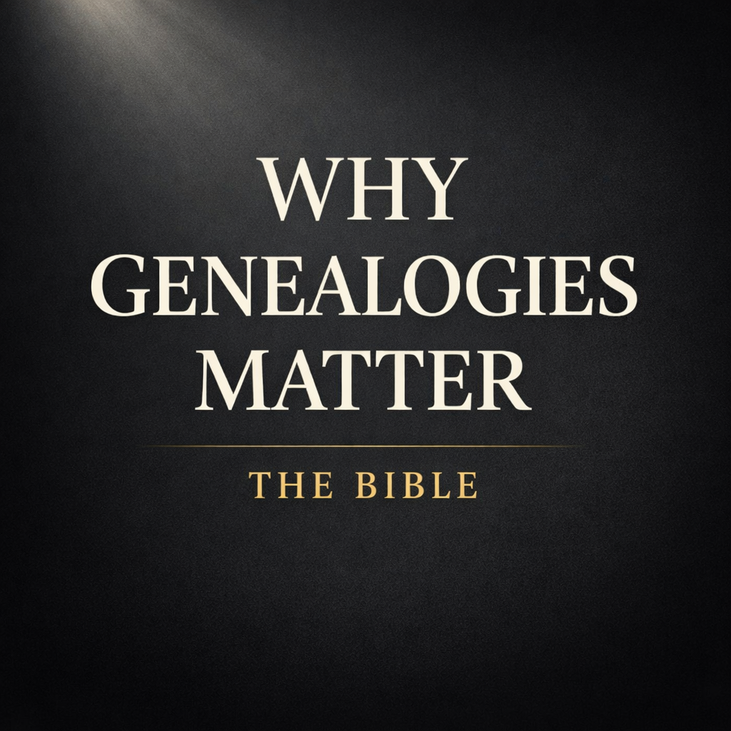 A dark charcoal YouTube thumbnail with a soft light beam in the top corner and bold serif text reading “Why Genealogies Matter” with “The Bible” in muted gold beneath it, conveying a theological teaching on Scripture.