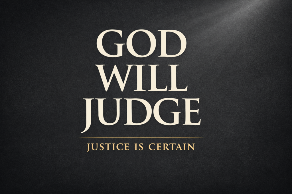 Psalm 58 Bible teaching thumbnail with text “God Will Judge – Justice Is Certain” on a dark charcoal background with a soft light beam