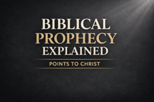 Thumbnail with the words “Biblical Prophecy Explained” and “Points to Christ” in cream and gold serif font on a dark charcoal background with a soft light beam in the top corner, designed for a Christian teaching podcast on biblical prophecy.