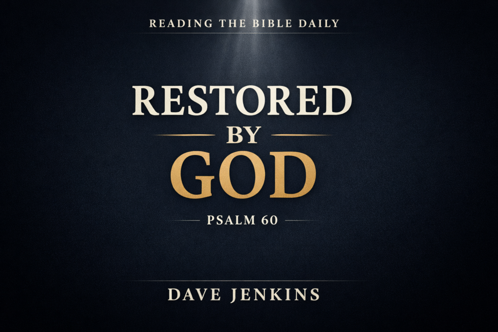 Psalm 60: God’s Discipline and the Hope of Restoration 1 Psalm 60 Bible teaching thumbnail with the title ‘Restored by God’ in a dark minimal design with gold and cream text and a subtle light beam.