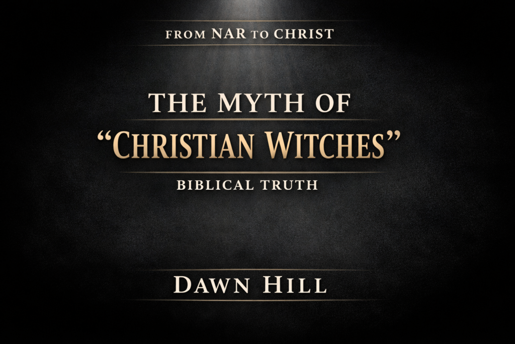 The Myth of “Christian Witches”: A Biblical Response to NAR Teaching 2 Dark charcoal thumbnail with centered serif text reading “The Myth of ‘Christian Witches’” with smaller text “Biblical Truth,” and branding “From NAR to Christ” at the top and “Dawn Hill” at the bottom, illuminated by a subtle top light beam.