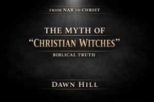 Dark charcoal thumbnail with centered serif text reading “The Myth of ‘Christian Witches’” with smaller text “Biblical Truth,” and branding “From NAR to Christ” at the top and “Dawn Hill” at the bottom, illuminated by a subtle top light beam.