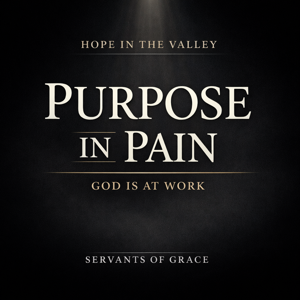 Minimalist dark thumbnail with the text “Purpose in Pain” and “God is at Work,” featuring a subtle light beam on a charcoal background, branded with “Hope in the Valley” and “Servants of Grace.”