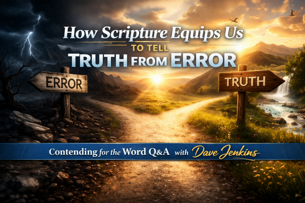 Forest path split into two directions with wooden signs pointing opposite ways labeled “Truth” and “Error,” illustrating discernment, with text “How Scripture Equips Us to Tell Truth from Error – Contending for the Word Q&A with Dave Jenkins.