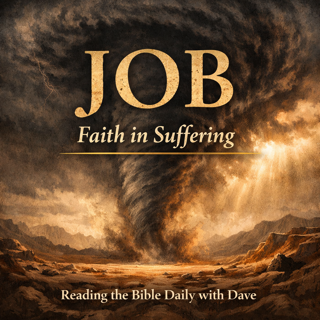 Whirlwind storm over a desert landscape symbolizing God speaking to Job, with the title ‘Job: Faith in Suffering – Reading the Bible Daily with Dave.