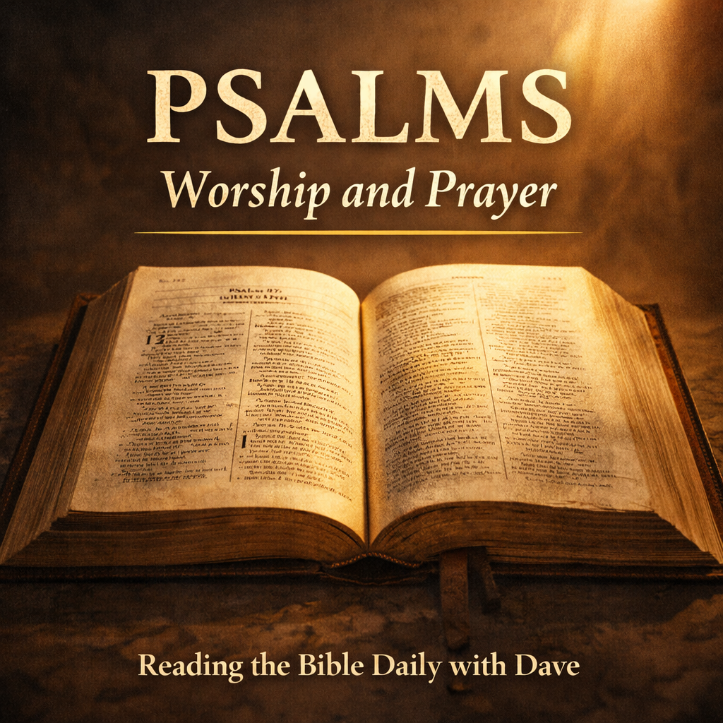 Open Bible illuminated by warm light symbolizing the book of Psalms, with the title “Psalms: Worship and Prayer – Reading the Bible Daily with Dave.