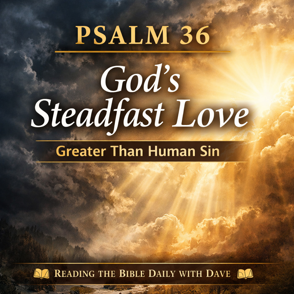 Thumbnail for Reading the Bible Daily with Dave featuring Psalm 36, showing dark storm clouds on one side and radiant sunlight breaking through on the other, symbolizing God's steadfast love overcoming human sin. Gold serif text reads “Psalm 36 — God’s Steadfast Love: Greater Than Human Sin.