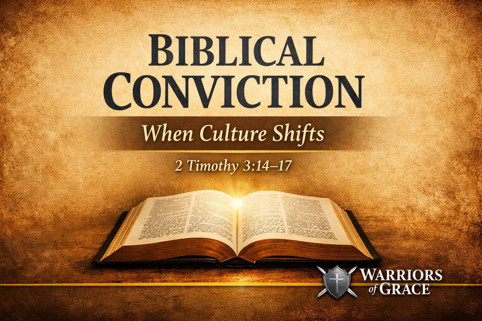 Warriors of Grace podcast thumbnail titled “Biblical Conviction When Culture Shifts” based on 2 Timothy 3:14–17, featuring an open glowing Bible on a warm parchment background with a gold accent line and Warriors of Grace logo.