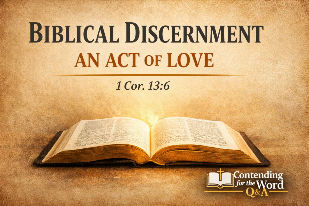 Biblical Discernment Is an Act of Love: Why Truth and Love Must Never Be Separated 2 Open Bible glowing on a warm parchment background with the title “Biblical Discernment: An Act of Love” and the reference 1 Corinthians 13:6, from Contending for the Word Q&A with Dave Jenkins.