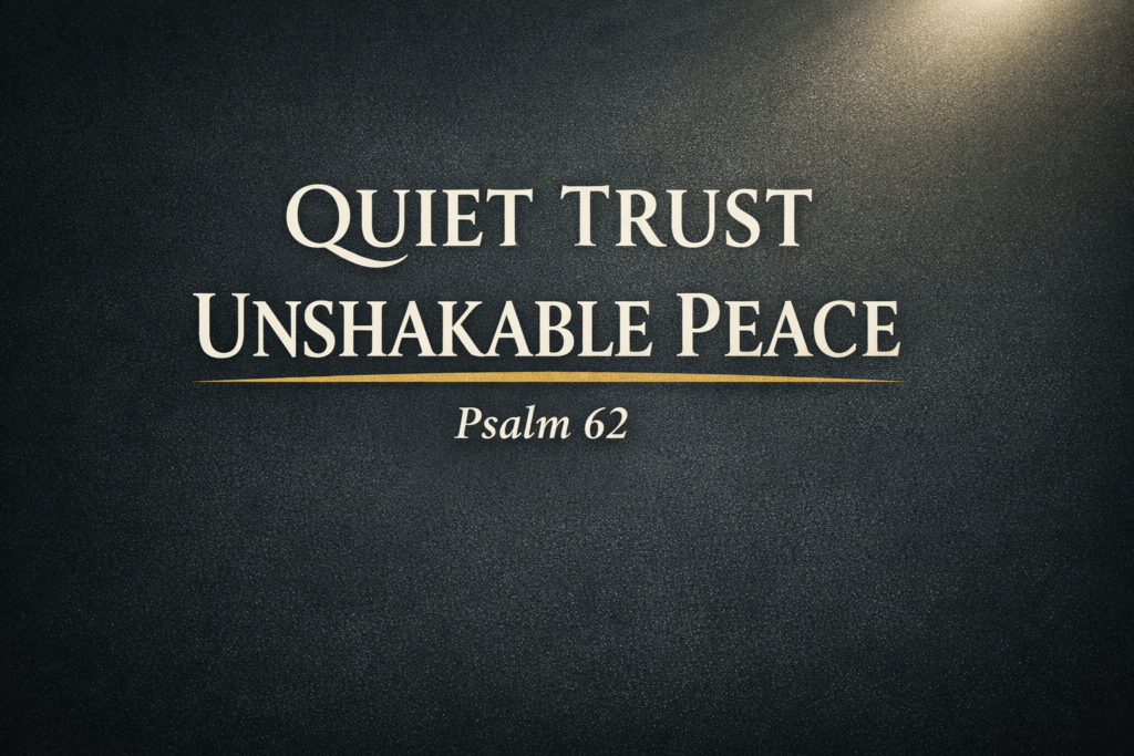 Psalm 62 Explained: Quiet Trust in God Alone 4 Thumbnail with the text “Quiet Trust, Unshakable Peace – Psalm 62” in cream serif font on a deep charcoal background with a soft top-corner light and subtle gold accent, representing calm confidence and rest in God alone.