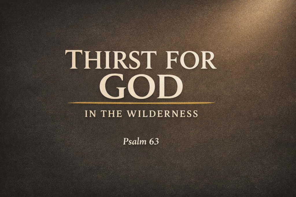Thumbnail with the words “Thirst for God in the Wilderness – Psalm 63” in cream-colored text on a deep charcoal and desert brown textured background with a soft light glow and muted gold underline, representing spiritual longing and satisfaction in God.