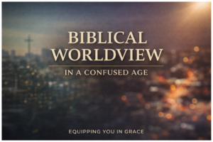 Biblical Worldview in a Confused Age thumbnail with blurred city lights background, soft glow, faint cross silhouette, and “Equipping You in Grace” text at the bottom.
