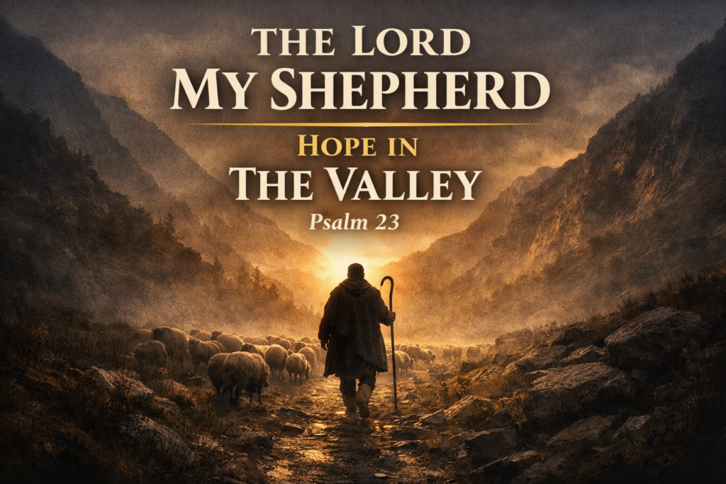 Shepherd leading sheep through a mountain valley at sunset with the text “The Lord My Shepherd: Hope in the Valley – Psalm 23,” illustrating the comfort and guidance of God in seasons of suffering.