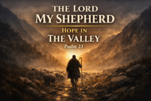 Shepherd leading sheep through a mountain valley at sunset with the text “The Lord My Shepherd: Hope in the Valley – Psalm 23,” illustrating the comfort and guidance of God in seasons of suffering.