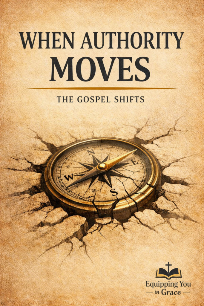 Progressive Christianity and the Relocation of Authority 1 YouTube thumbnail for an Equipping You in Grace episode on progressive Christianity titled “When Authority Moves, the Gospel Shifts,” featuring a cracked compass and fractured foundation on a warm parchment background symbolizing shifting authority and distortion of the gospel.