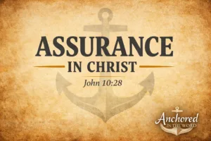 Christian podcast thumbnail with parchment background, anchor silhouette, and the text “Assurance in Christ – John 10:28,” representing the believer’s security in Christ.