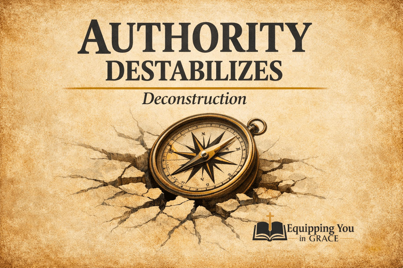 YouTube thumbnail with a warm parchment background and charcoal text reading ‘AUTHORITY DESTABILIZES’ with smaller text ‘Deconstruction.’ A cracked foundation surrounds a tilted compass in the center, symbolizing unstable authority. A deep gold divider line separates the title, and the Equipping You in Grace logo appears in the bottom corner