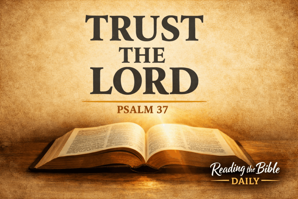 Reading the Bible Daily with Dave thumbnail featuring an open Bible with soft light shining across the pages on a warm parchment background, with the text “Trust the Lord – Psalm 37.”