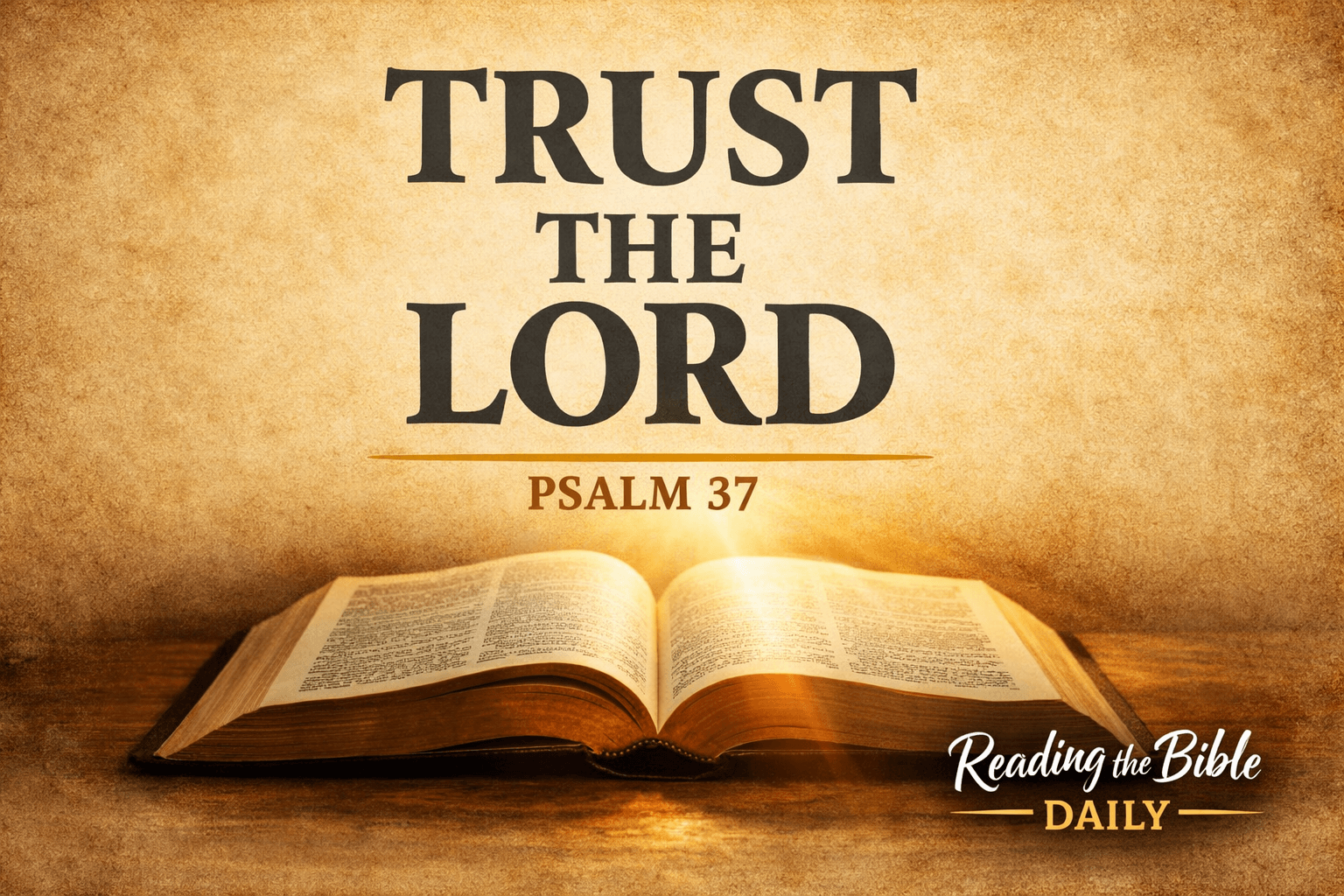 Reading the Bible Daily with Dave thumbnail featuring an open Bible with soft light shining across the pages on a warm parchment background, with the text “Trust the Lord – Psalm 37.”