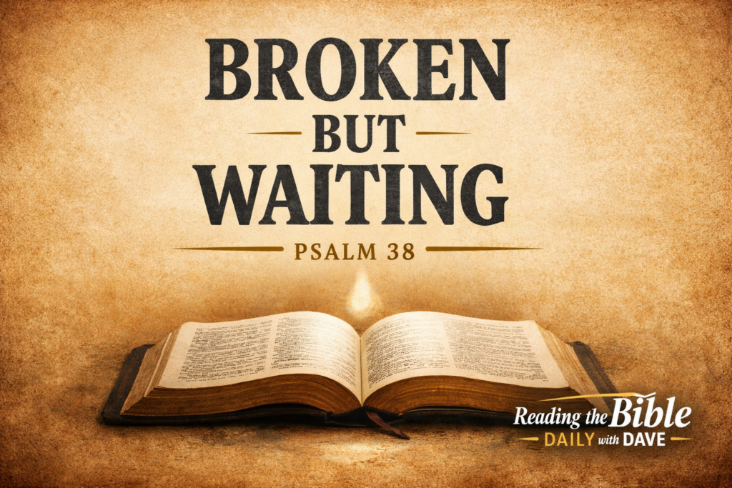 Psalm 38 — Praying Through Affliction and the Discipline of the Lord 2 Open Bible on a warm parchment background with the words “Broken But Waiting — Psalm 38” above it, representing prayer, suffering, and waiting on the Lord in Psalm 38 from the Reading the Bible Daily with Dave series.