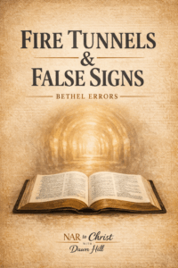 Thumbnail for NAR to Christ with Dawn Hill episode titled “Fire Tunnels & False Signs: Bethel Errors” featuring an open Bible on a parchment background with a glowing tunnel light effect behind it.