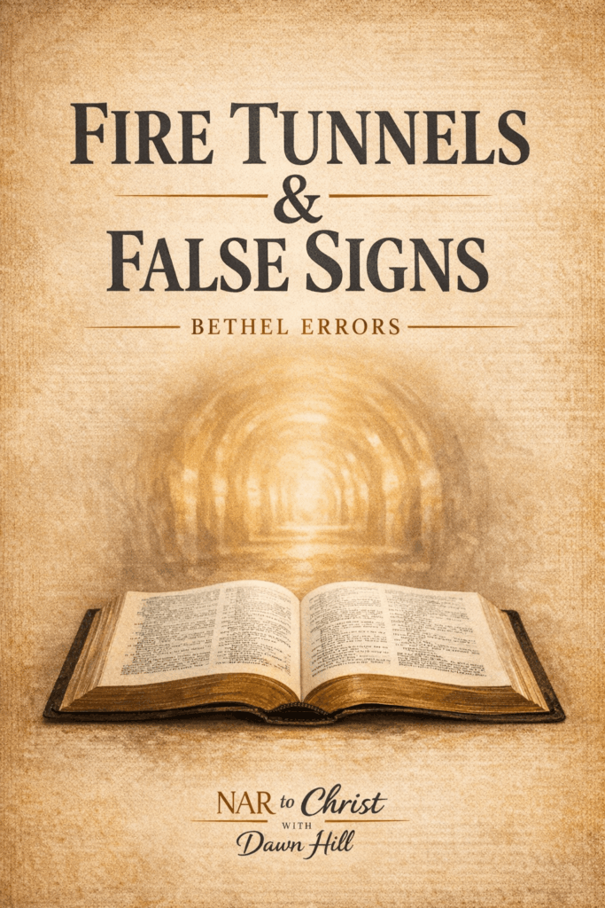 Fire Tunnels, Spirit Spouses, and Bethel’s Dangerous Errors 4 Thumbnail for NAR to Christ with Dawn Hill episode titled “Fire Tunnels & False Signs: Bethel Errors” featuring an open Bible on a parchment background with a glowing tunnel light effect behind it.