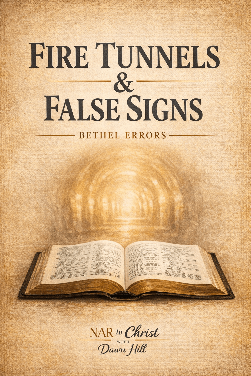 Thumbnail for NAR to Christ with Dawn Hill episode titled “Fire Tunnels & False Signs: Bethel Errors” featuring an open Bible on a parchment background with a glowing tunnel light effect behind it.