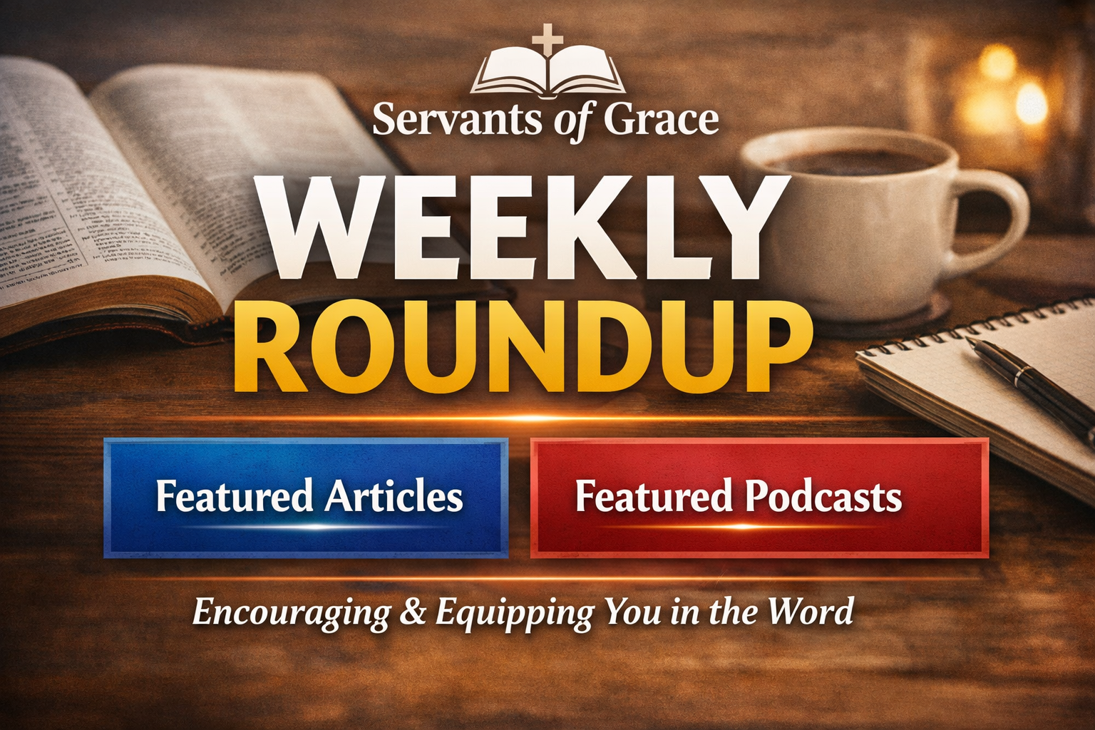 Servants of Grace Weekly Roundup graphic featuring an open Bible, coffee cup, and notebook with the title “Weekly Roundup” and sections for Featured Articles and Featured Podcasts.