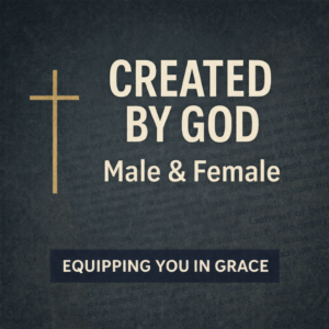 Thumbnail with dark textured background and a gold cross on the left. Large text reads “Created by God” with smaller text below saying “Male & Female,” and a banner at the bottom reading “Equipping You in Grace.