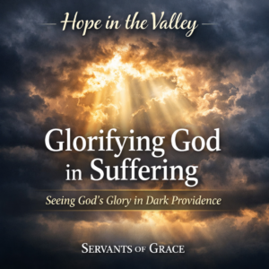 Sunlight breaking through dark storm clouds with the title “Glorifying God in Suffering: Seeing God’s Glory in Dark Providence” for the Hope in the Valley series by Servants of Grace.