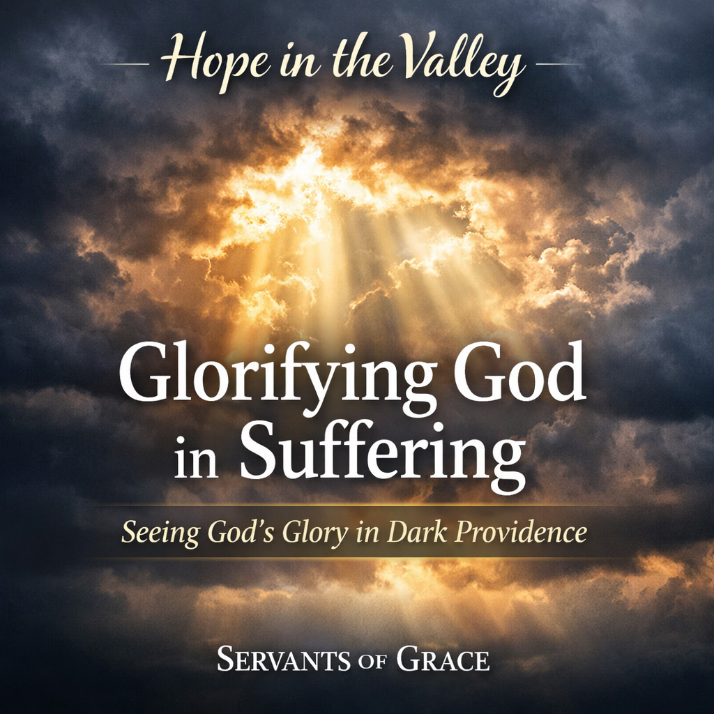 Sunlight breaking through dark storm clouds with the title “Glorifying God in Suffering: Seeing God’s Glory in Dark Providence” for the Hope in the Valley series by Servants of Grace.