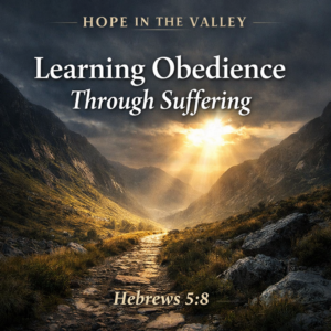 Learning Obedience Through Suffering Hebrews 5:8 Christian suffering and sanctification valley path with sunlight breaking through clouds.