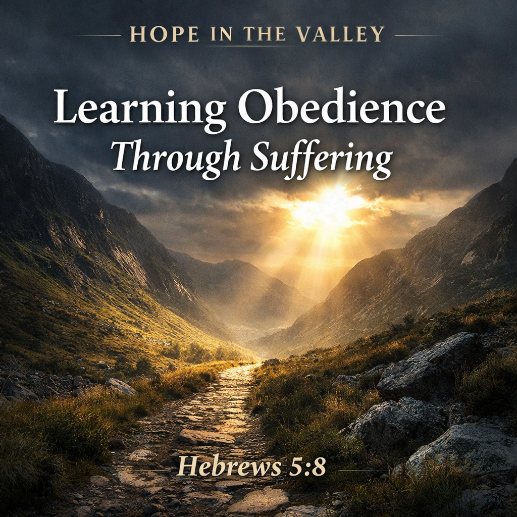 Learning Obedience Through Suffering Hebrews 5:8 Christian suffering and sanctification valley path with sunlight breaking through clouds.
