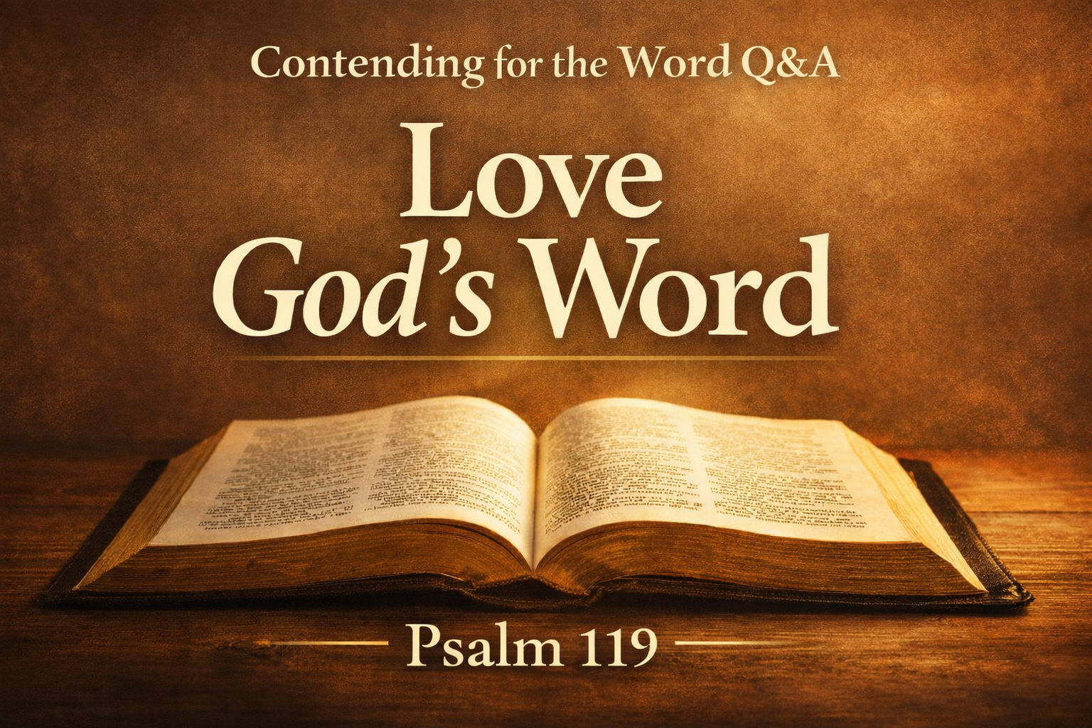 Open Bible illuminated by warm light on a deep earth-tone background with the text “Love God’s Word,” “Contending for the Word,” and “Psalm 119.”