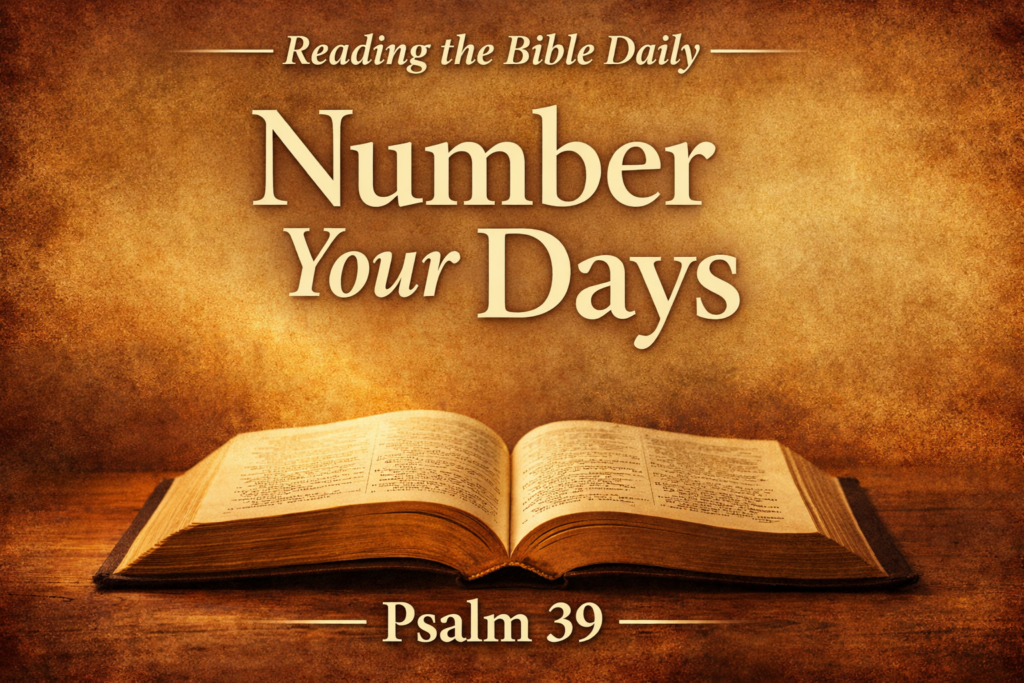 Open Bible resting on a wooden surface with warm parchment earth-tone background and soft light shining across the pages. Text reads “Reading the Bible Daily – Number Your Days – Psalm 39.” Thumbnail for Reading the Bible Daily with Dave episode on Psalm 39.