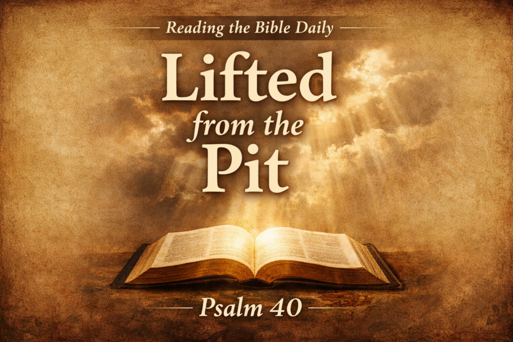 Open Bible illuminated by rays of light on a warm parchment background with text reading “Reading the Bible Daily – Lifted from the Pit – Psalm 40,” representing God’s deliverance and faithfulness to His people.
