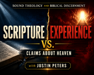 Christian YouTube thumbnail showing a split design with “Scripture vs Experience” in bold text, contrasting a Bible on a dark blue background with a glowing staircase to heaven on a red background, highlighting claims about heaven with Justin Peters