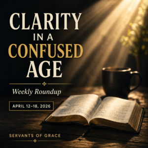 Servants of Grace Weekly Roundup April 12–18 2026 graphic with open Bible illuminated by light and the text Clarity in a Confused Age