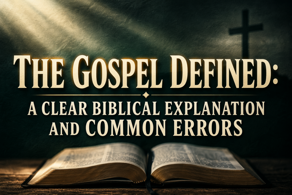 The Gospel Defined thumbnail with open Bible, cross silhouette, and text reading “The Gospel Defined: A Clear Biblical Explanation and Common Errors” on a dark background