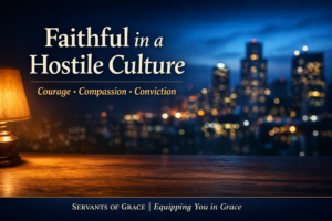 Faithful in a Hostile Culture graphic with city skyline at dusk, warm lamp light on a wooden table, and text highlighting courage, compassion, and conviction.