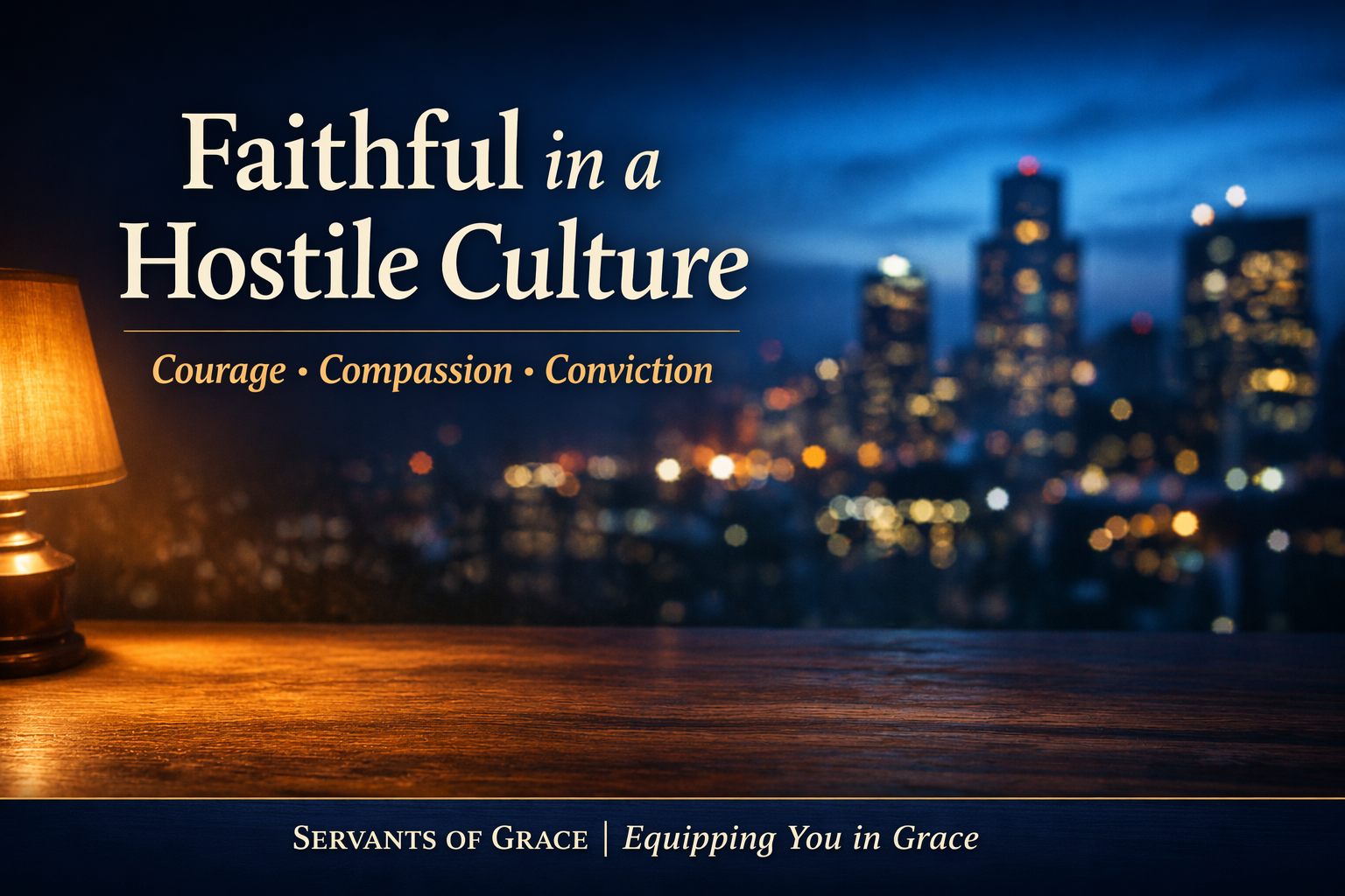 Faithful in a Hostile Culture graphic with city skyline at dusk, warm lamp light on a wooden table, and text highlighting courage, compassion, and conviction.