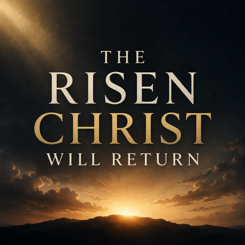 The risen Christ will return text over a sunrise breaking through dark clouds symbolizing hope and His coming kingdom