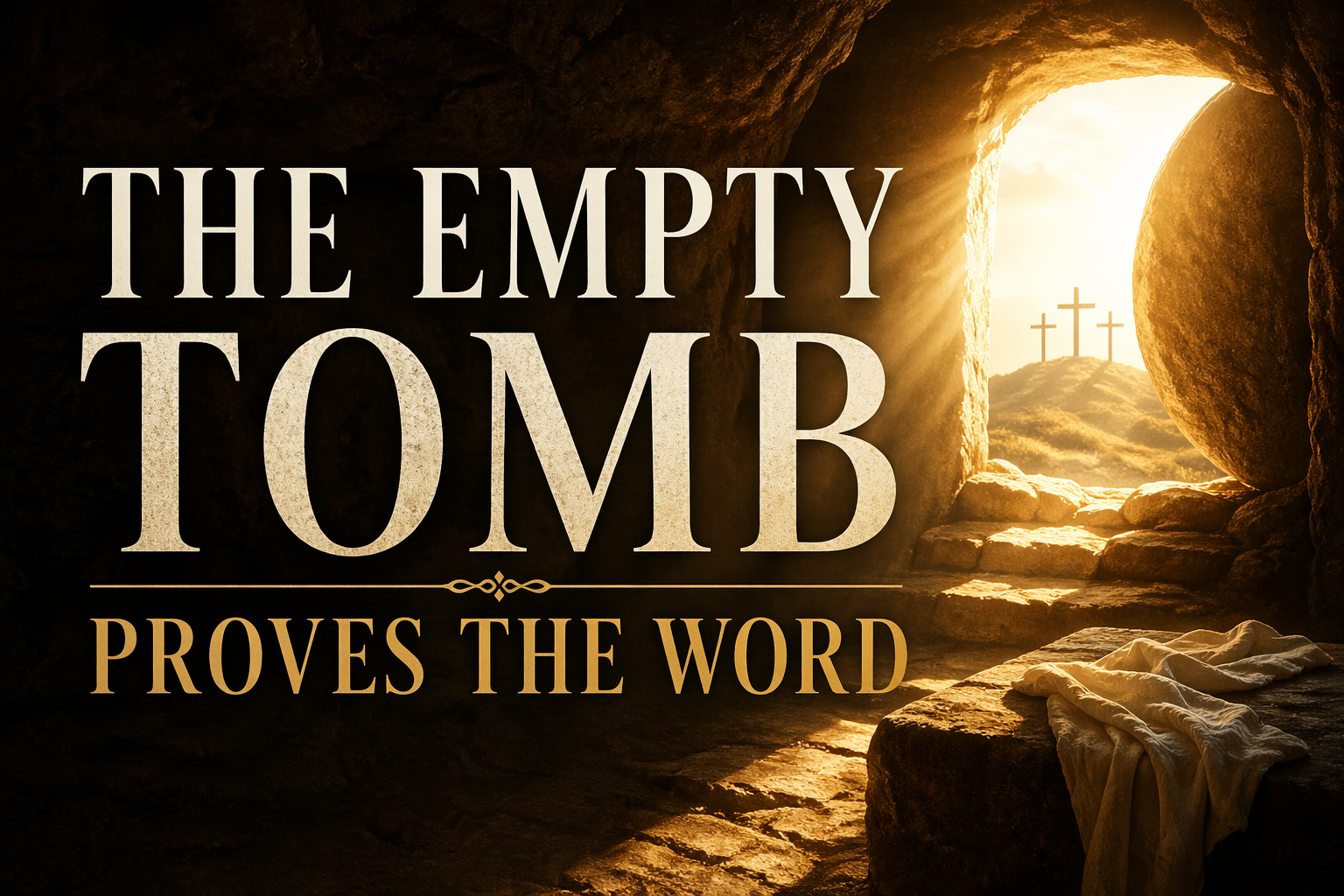 Empty tomb with sunlight streaming through the entrance, stone rolled away, and three crosses in the distance, symbolizing the resurrection of Jesus Christ and the authority of Scripture.