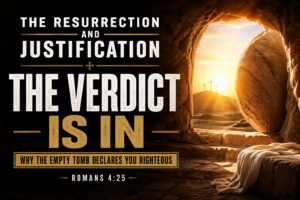 Empty tomb at sunrise with stone rolled away and light shining in, symbolizing the resurrection of Jesus and the doctrine of justification from Romans 4:25