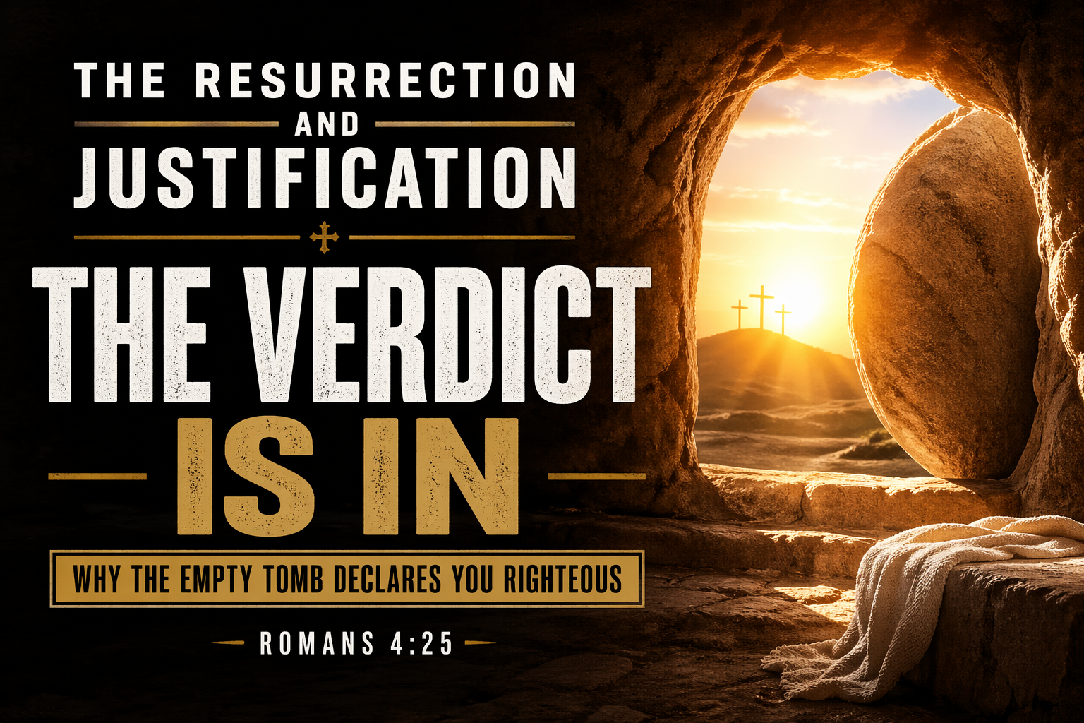 Empty tomb at sunrise with stone rolled away and light shining in, symbolizing the resurrection of Jesus and the doctrine of justification from Romans 4:25