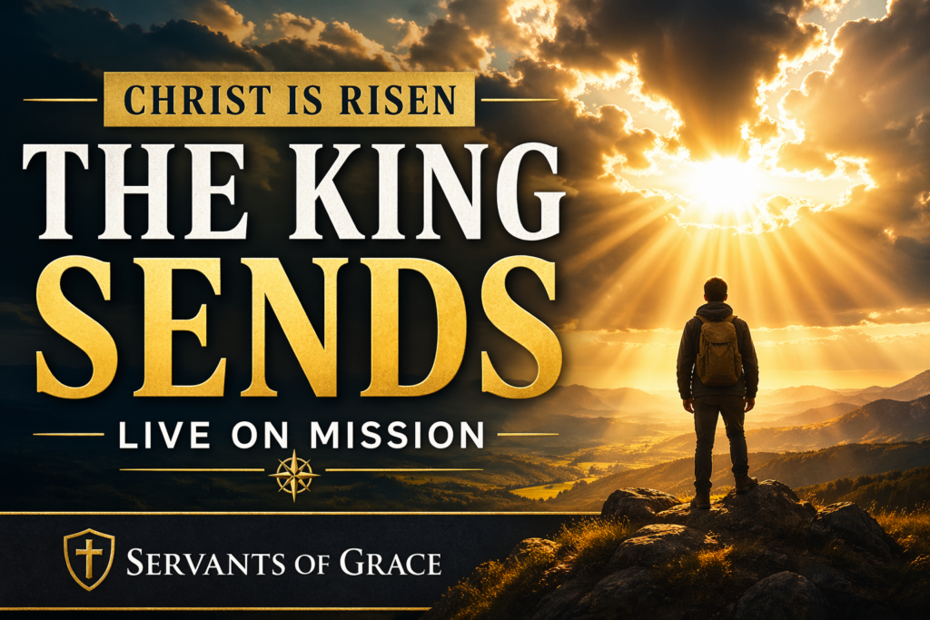Dramatic sunrise breaking through dark clouds with golden rays of light over a landscape, a lone person standing on a rocky hill facing the horizon, with text reading “Christ Is Risen, The King Sends, Live on Mission, Servants of Grace.